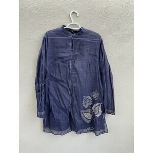 Nitva Womens Tunic Size 46 Blue Sheer Floral Button Up Long Sleeve VTG